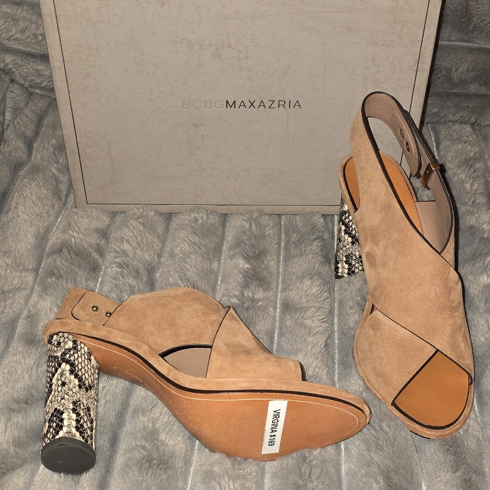 BCBG Max Azria Virginia Kidsuede Tan Heeled Sandals